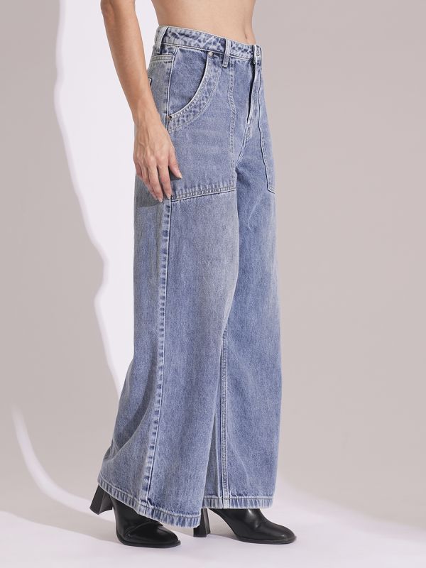 Globus Women Light Blue Cotton High Rise Whiskers Effect Wide Leg Jeans