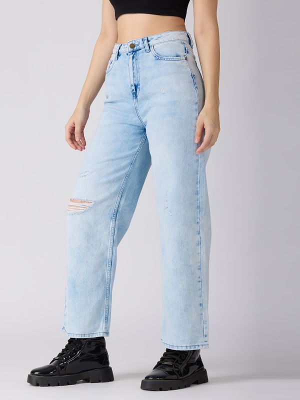 Globus Women Light Blue Cotton Distress Mid-Rise Wide Leg Jeans