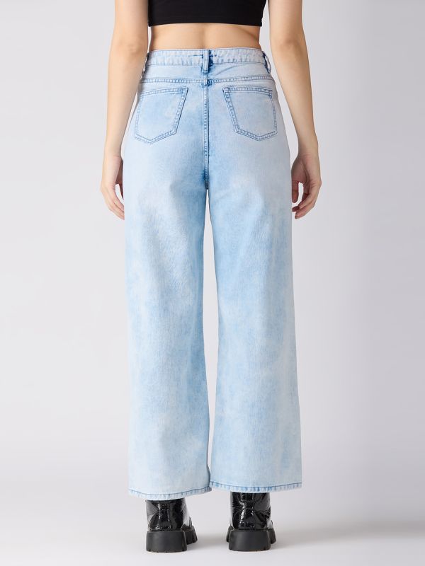 Globus Women Light Blue Cotton Distress Mid-Rise Wide Leg Jeans