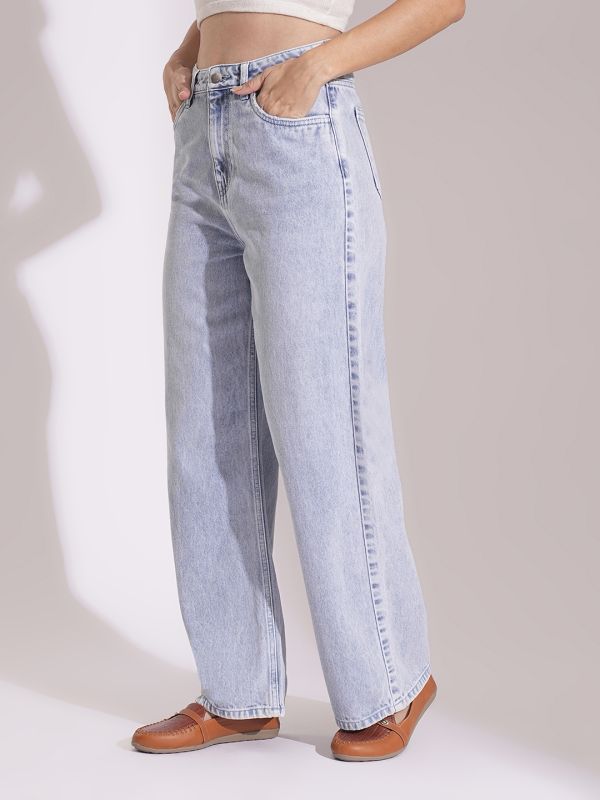 Globus Women Light Blue Cotton High Rise Straight Fit Jeans