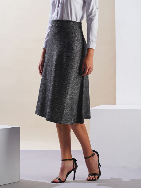 Globus Women Gunmetal Shimmer Ribbed Mid-Rise Flared Midi Party Skirt