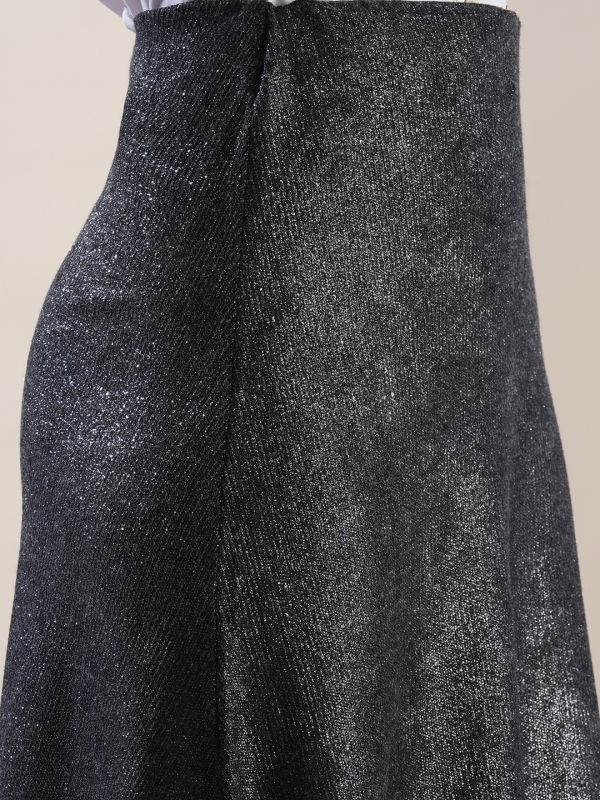 Globus Women Gunmetal Shimmer Ribbed Mid-Rise Flared Midi Party Skirt