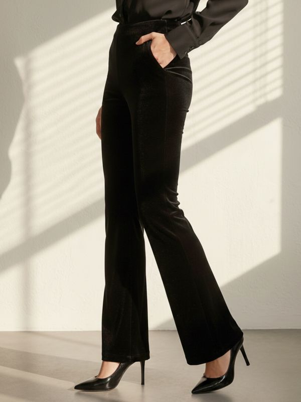 Globus Women Black Velvet Mid Rise Stretchable Slim Fit Flared Party Treggings