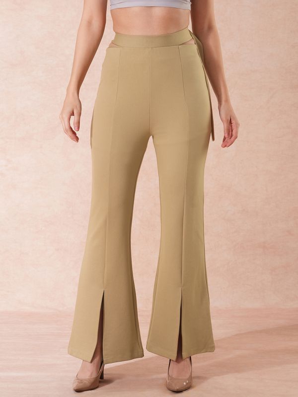Globus Women Camel Stretchable High-Rise Front Slit Waist Tie-Up Detail Relaxed Fit Party Wear Treggings