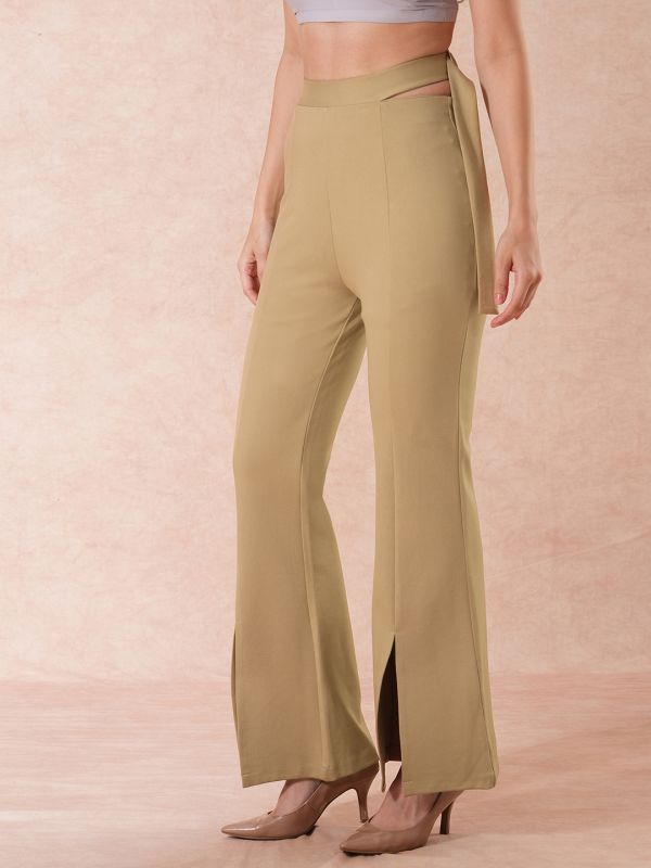 Globus Women Camel Stretchable High-Rise Front Slit Waist Tie-Up Detail Relaxed Fit Party Wear Treggings