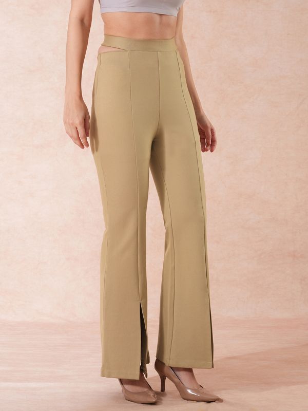 Globus Women Camel Stretchable High-Rise Front Slit Waist Tie-Up Detail Relaxed Fit Party Wear Treggings