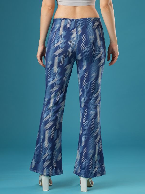 Globus Women Blue Canvas Hazy Print Mid Rise Stretchable Slim Fit Flared Teggings