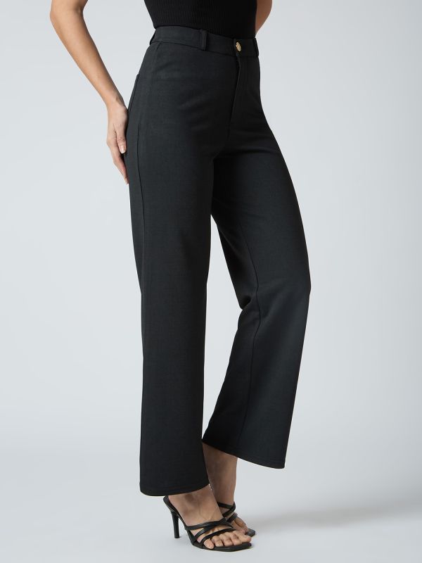 Globus Women Black Self Checked Design Stretchable Mid-Rise Straight Fit Workwear Trousers