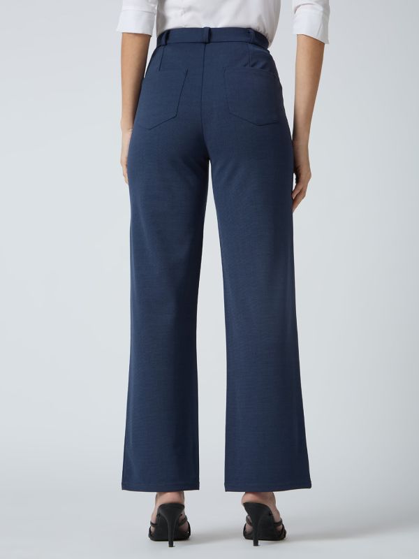 Globus Women Navy Self Checked Design Stretchable Mid-Rise Straight Fit Workwear Trousers