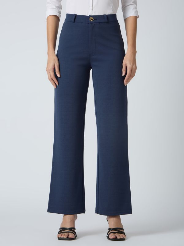 Globus Women Navy Self Checked Design Stretchable Mid-Rise Straight Fit Workwear Trousers