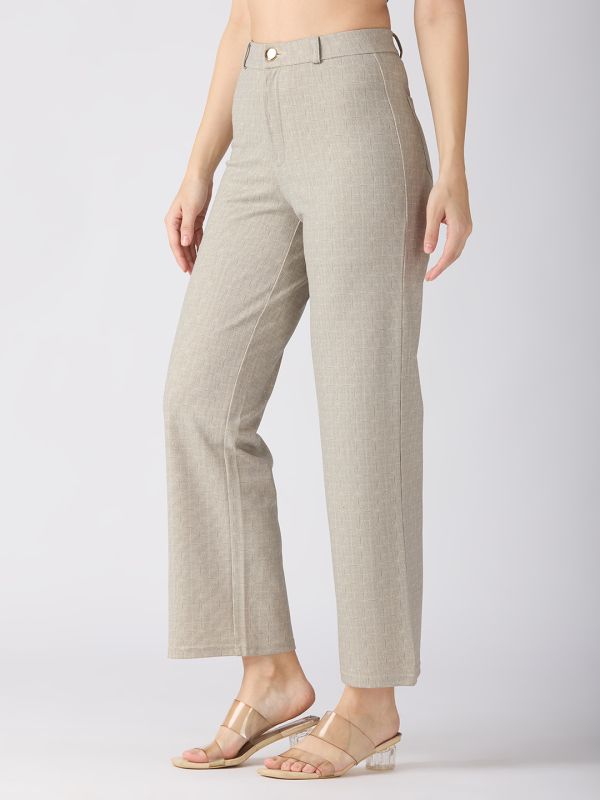 Globus Women Beige Self Checked Design Stretchable Mid-Rise Straight Fit Workwear Trousers