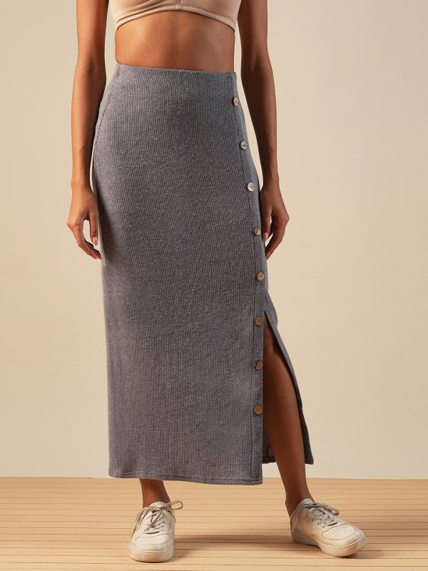 Globus Women Grey Self Design Button Detail Mid-Rise Side Slit Midi Pencil Skirt