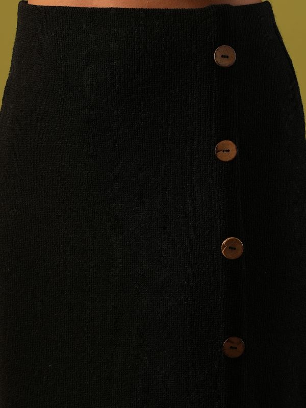 Globus Women Black Self Design Button Detail Mid-Rise Side Slit Midi Pencil Skirt