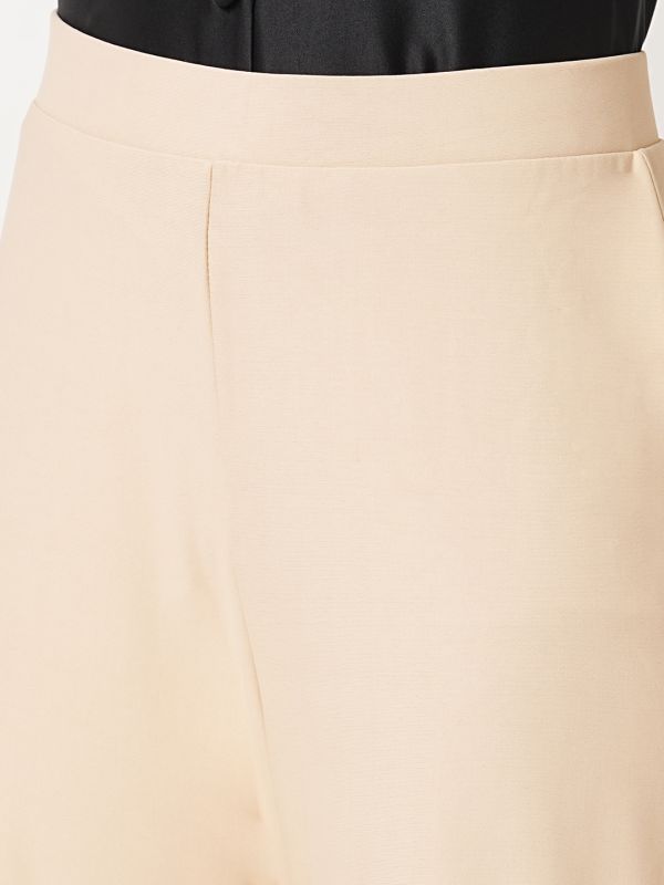 Globus Women Beige Stretchable Mid-Rise Wide Flared Fit Workwear Treggings