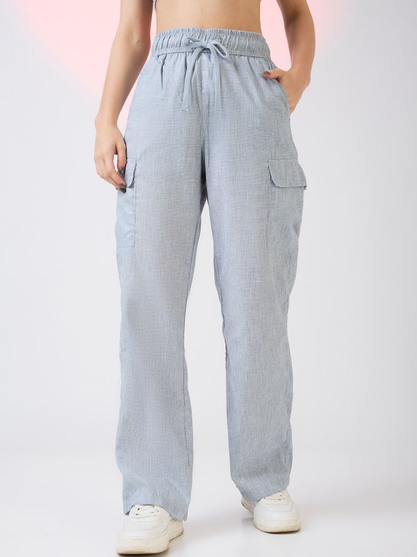 Globus Women Light Blue Self Design Checkered Mid Rise Drawstring Waist Cargo Trousers