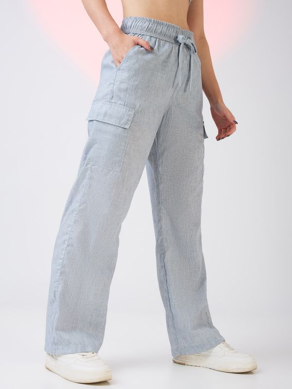 Globus Women Light Blue Self Design Checkered Mid Rise Drawstring Waist Cargo Trousers