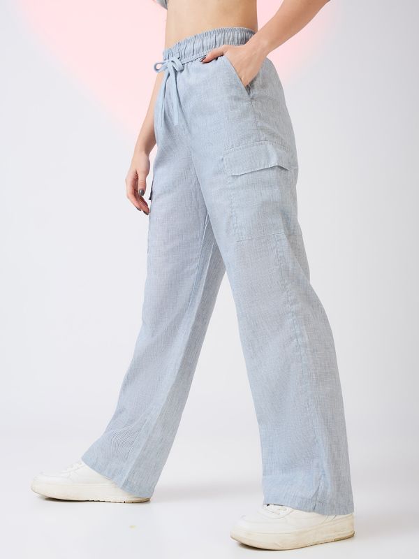 Globus Women Light Blue Self Design Checkered Mid Rise Drawstring Waist Cargo Trousers