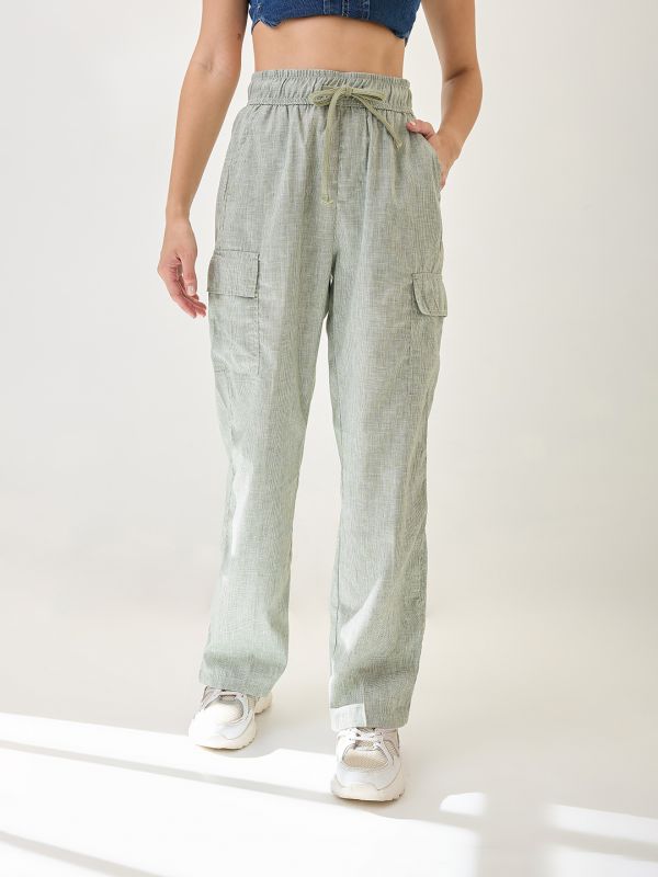 Globus Women Light Green Self Design Checkered Drawstring Waist Cargo Trousers