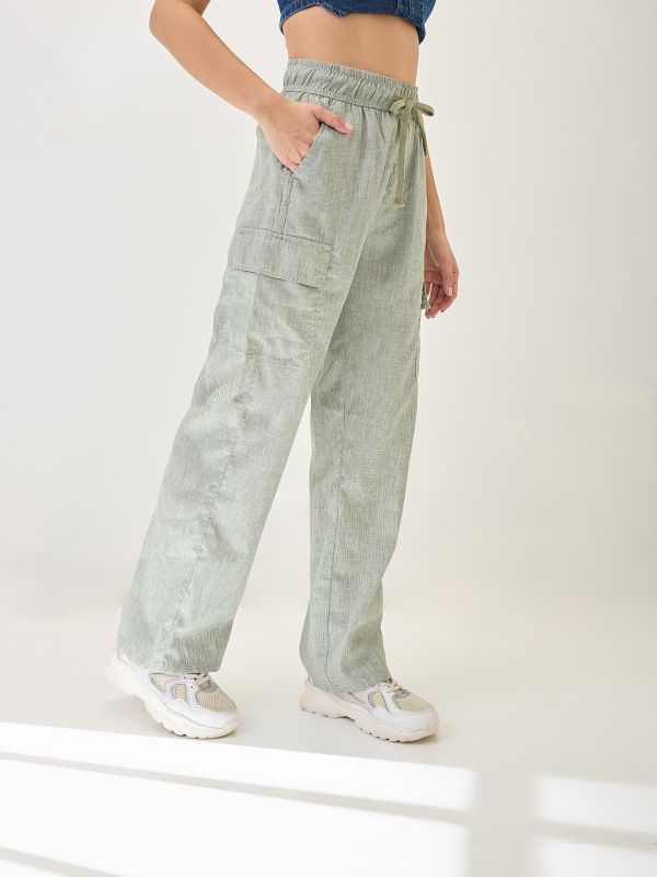 Globus Women Light Green Self Design Checkered Drawstring Waist Cargo Trousers