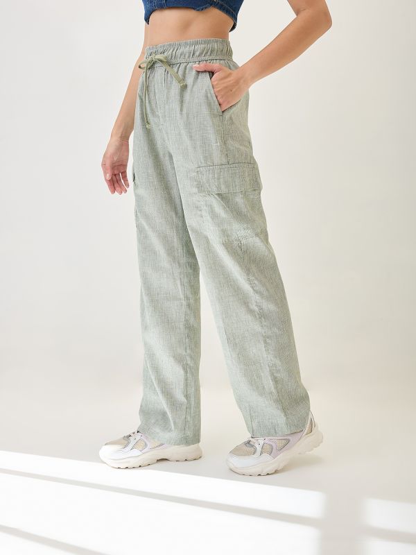 Globus Women Light Green Self Design Checkered Drawstring Waist Cargo Trousers