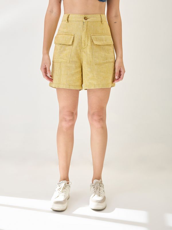 Globus Women Mustard Linen Cotton High-Rise Relaxed Fit Above Knee Shorts