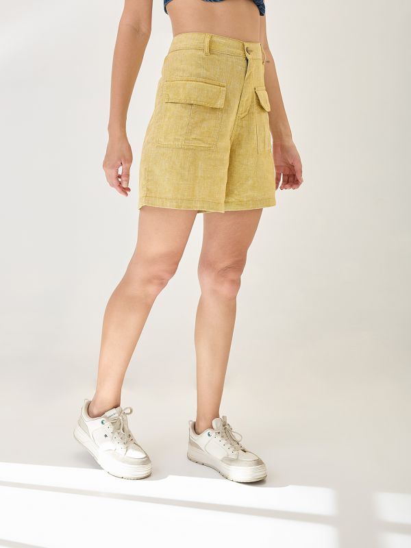 Globus Women Mustard Linen Cotton High-Rise Relaxed Fit Above Knee Shorts