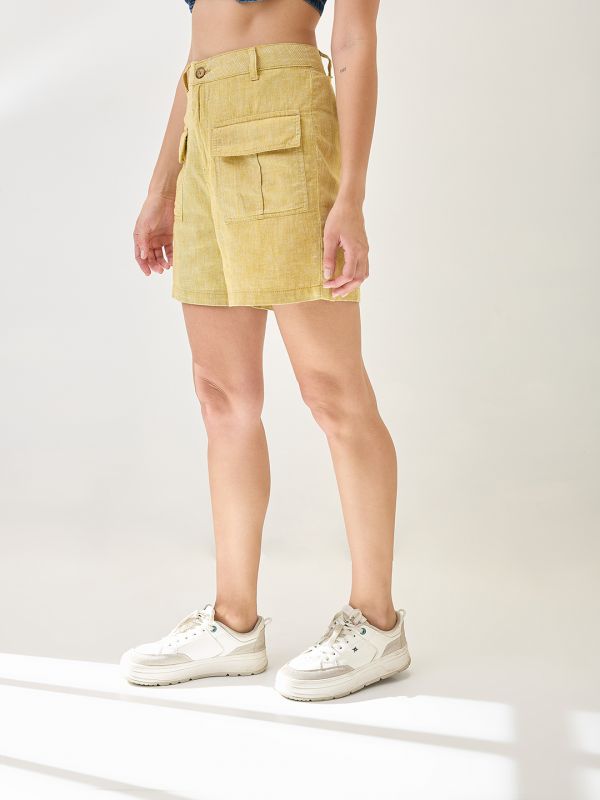 Globus Women Mustard Linen Cotton High-Rise Relaxed Fit Above Knee Shorts