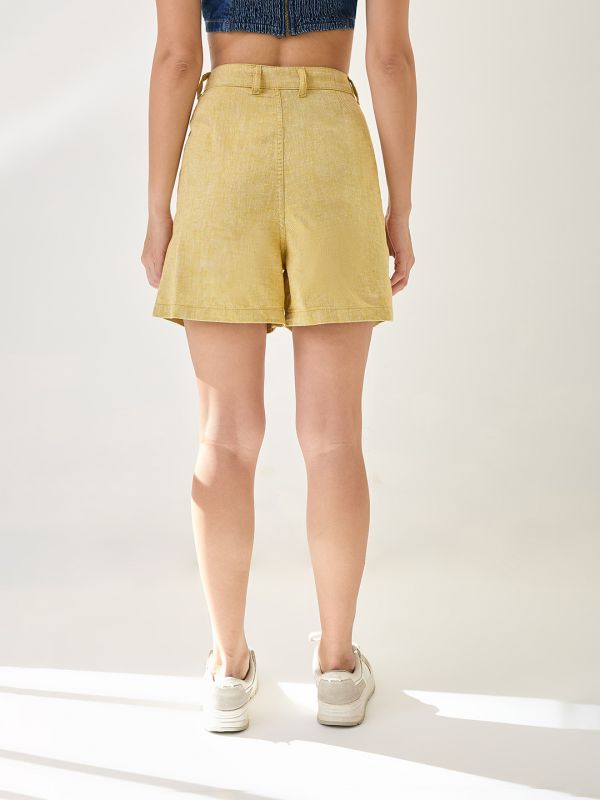 Globus Women Mustard Linen Cotton High-Rise Relaxed Fit Above Knee Shorts