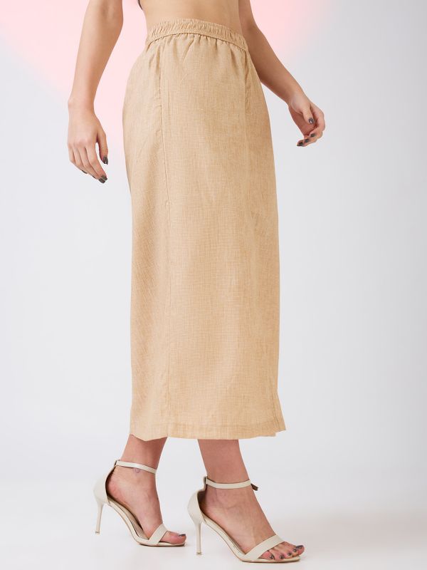 Globus Women Beige Self Design Checkered Mid Rise Side Pockets Midi Workwear Skirt