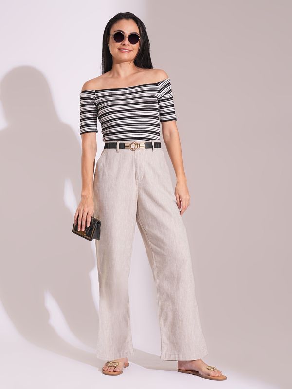 Globus Women Natural Cotton High-Rise Wide Leg Formal Trousers
