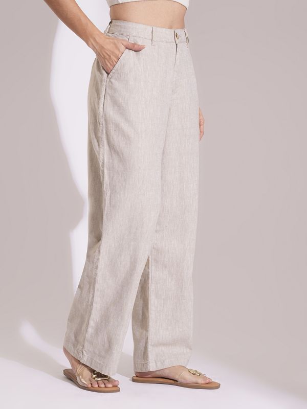 Globus Women Natural Cotton High-Rise Wide Leg Formal Trousers