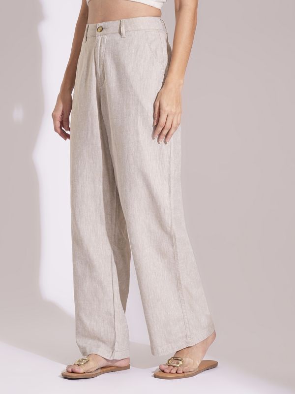 Globus Women Natural Cotton High-Rise Wide Leg Formal Trousers