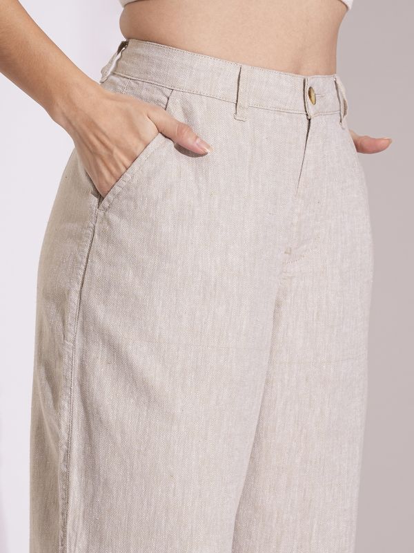Globus Women Natural Cotton High-Rise Wide Leg Formal Trousers