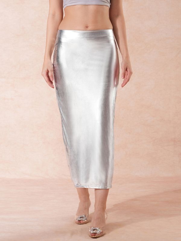 Globus Women Silver Stretchable Sheen Mid-Rise Side Slit Midi Pencil Party Skirt