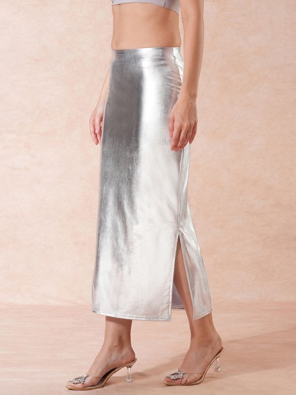 Globus Women Silver Stretchable Sheen Mid-Rise Side Slit Midi Pencil Party Skirt