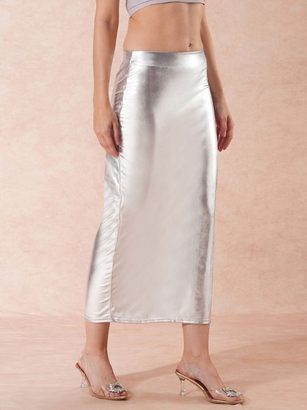 Globus Women Silver Stretchable Sheen Mid-Rise Side Slit Midi Pencil Party Skirt