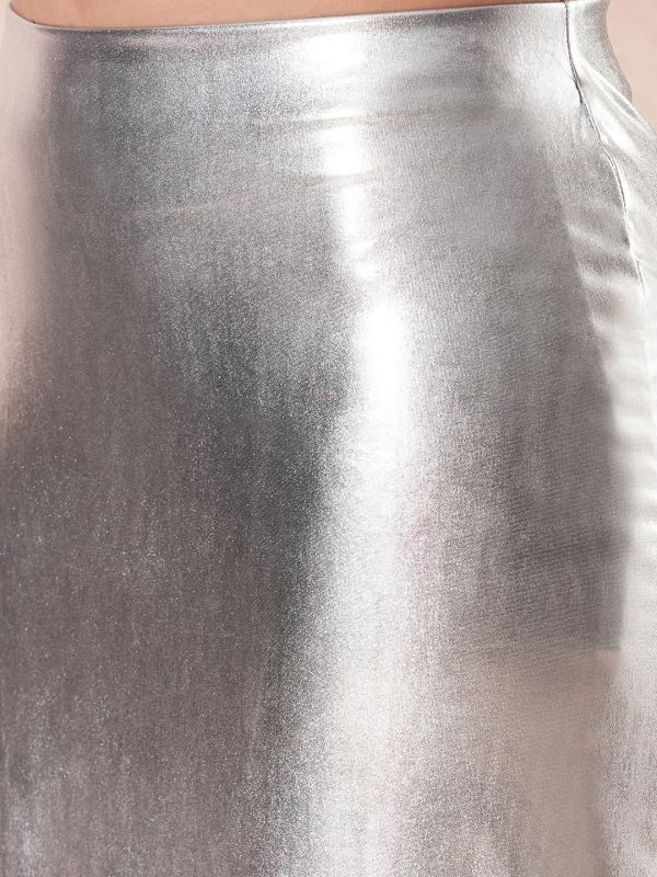 Globus Women Silver Stretchable Sheen Mid-Rise Side Slit Midi Pencil Party Skirt