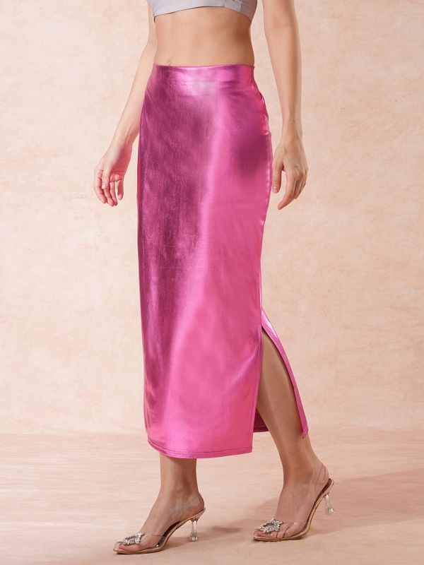 Globus Women Pink Stretchable Sheen Mid-Rise Side Slit Midi Pencil Party Skirt
