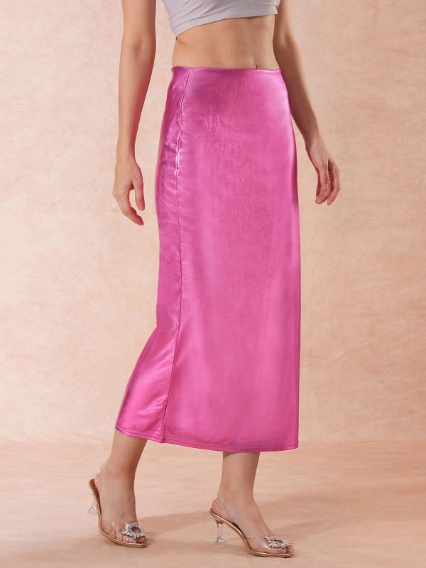 Globus Women Pink Stretchable Sheen Mid-Rise Side Slit Midi Pencil Party Skirt
