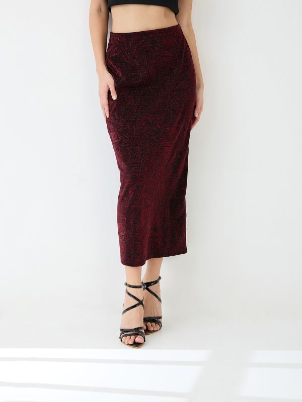Globus Women Red Shimmer Mid-Rise Back Slit Midi Pencil Party Skirt