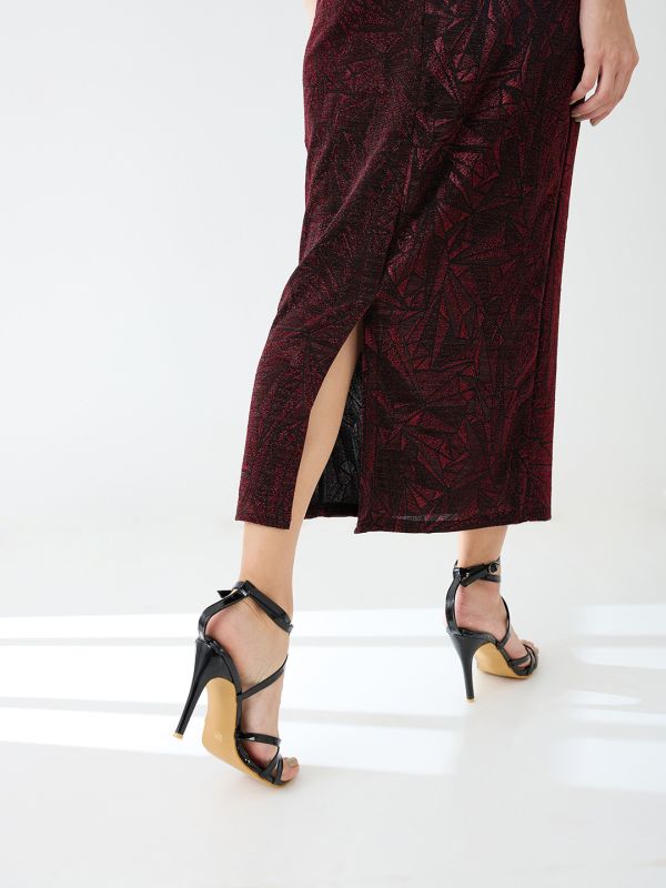 Globus Women Red Shimmer Mid-Rise Back Slit Midi Pencil Party Skirt