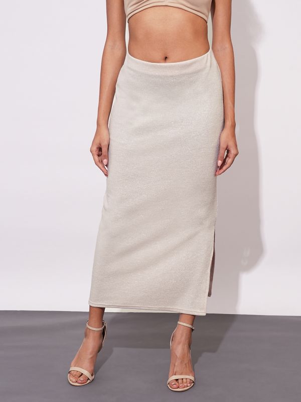 Globus Women Ivory Sheen Self Design Stretchable Mid-Rise Side Slit Maxi Party Pencil Skirt