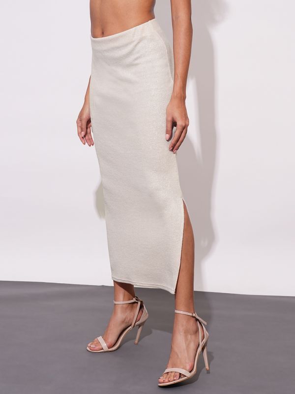 Globus Women Ivory Sheen Self Design Stretchable Mid-Rise Side Slit Maxi Party Pencil Skirt