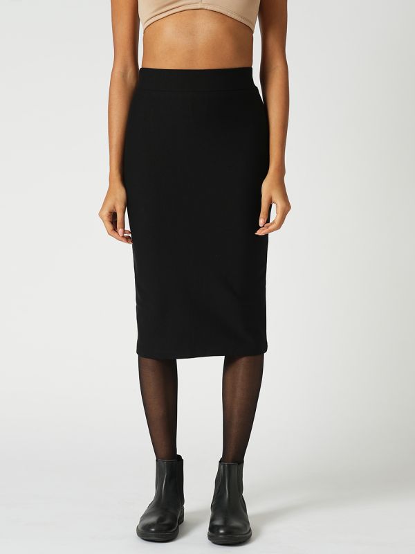Globus Women Black Stretchable High-Rise Back Slit Midi Workwear Pencil Skirt