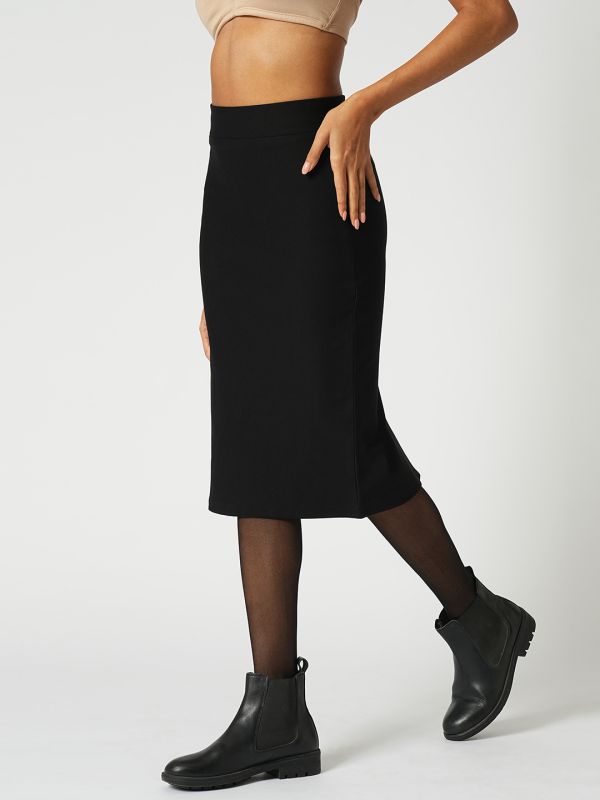 Globus Women Black Stretchable High-Rise Back Slit Midi Workwear Pencil Skirt