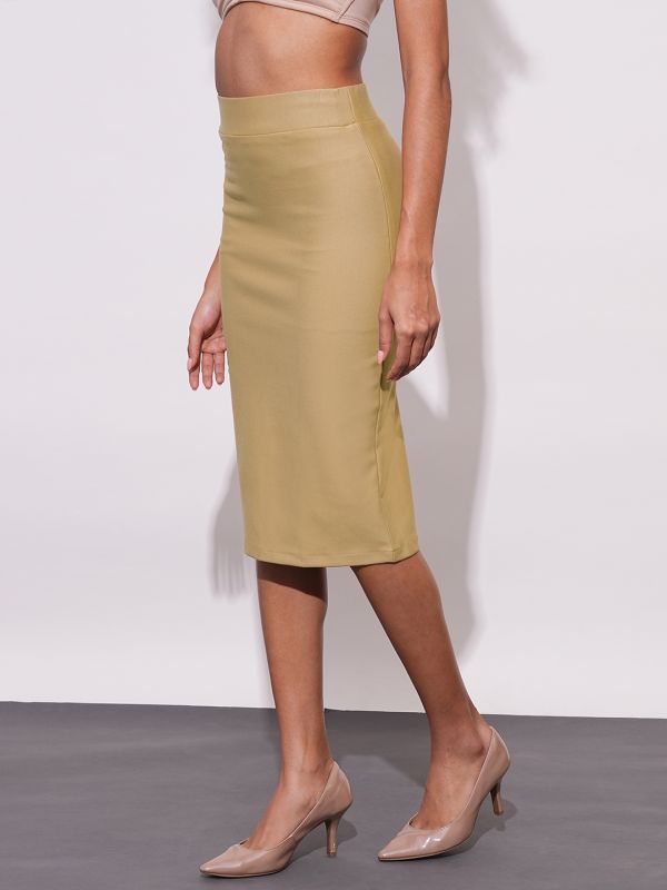 Globus Women Camel Stretchable High-Rise Back Slit Midi Workwear Pencil Skirt