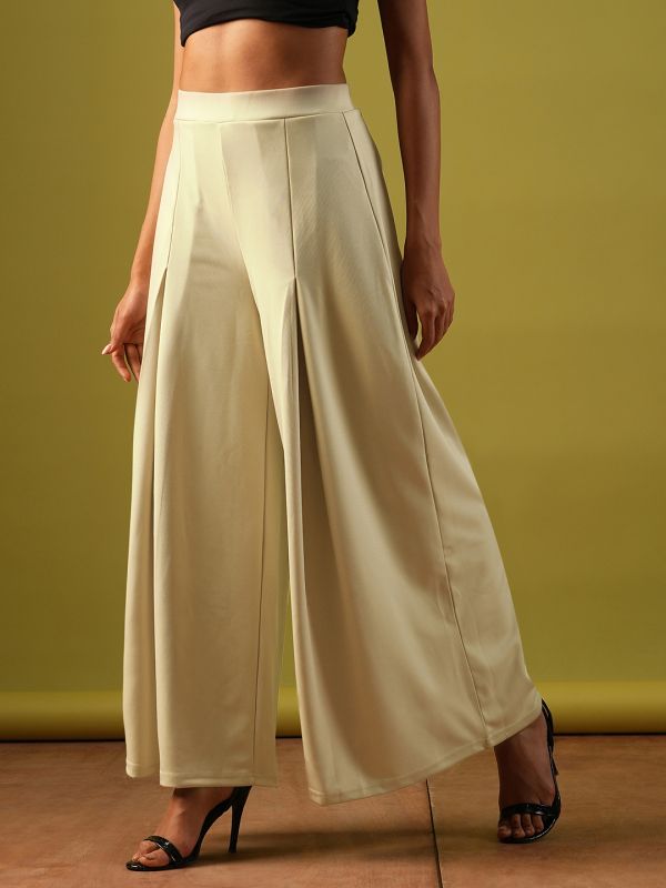 Globus Women Beige Solid Stretchable High-Rise Pleated Flared Wide Leg Workwear Treggings