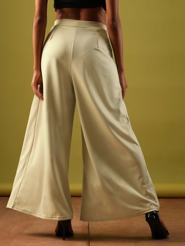 Globus Women Beige Solid Stretchable High-Rise Pleated Flared Wide Leg Workwear Treggings
