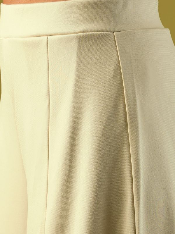 Globus Women Beige Solid Stretchable High-Rise Pleated Flared Wide Leg Workwear Treggings