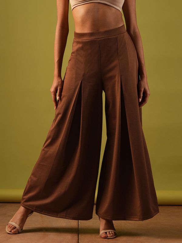 Globus Women Rust Solid Stretchable High-Rise Pleated Flared Wide Leg Workwear Treggings